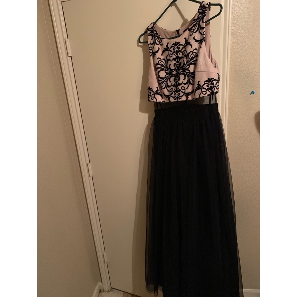 Betsy and Adam Pink and Black Long Prom Dress